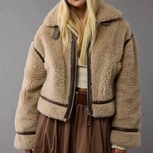 AMERICAN EAGLE AE Teddy Biker Jacket Coat Faux Fur Sherpa Faux Leather Sz Large